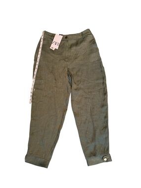 Zara Men's Olive Green Linen-Blend Chinos